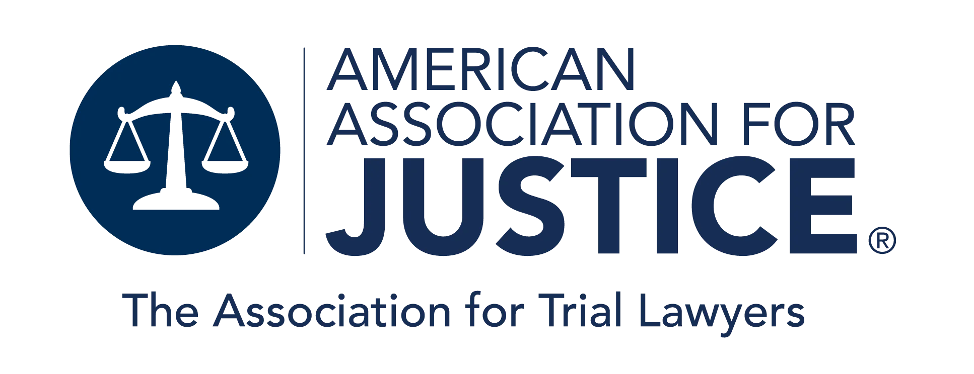 Logo of the American Association for Justice featuring a scale symbol and the tagline "The Association for Trial Lawyers" on a light background.