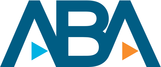 The image shows the letters "ABA" in bold blue font with a blue triangle on the left and an orange triangle on the right.
