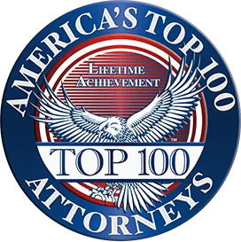 Circular badge with an eagle, stars, and stripes; text reads "America's Top 100 Attorneys" and "Lifetime Achievement Top 100" in blue, white, and red.