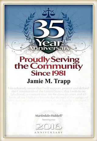 Certificate marking 35 years of community service by Jamie M. Trapp since 1981, featuring a 2016 Martindale-Hubbell anniversary honor.