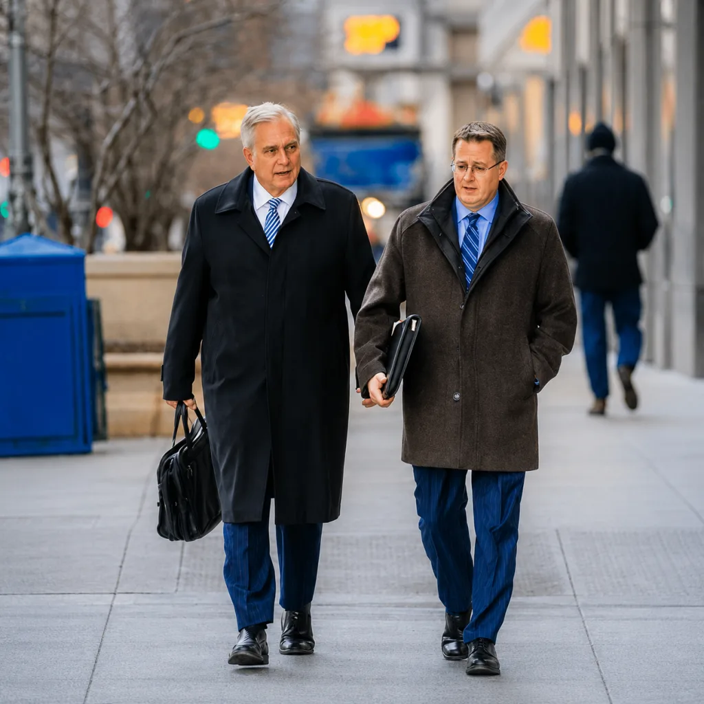 Two men in suits and overcoats walk side by side on a city sidewalk, both carrying briefcases.