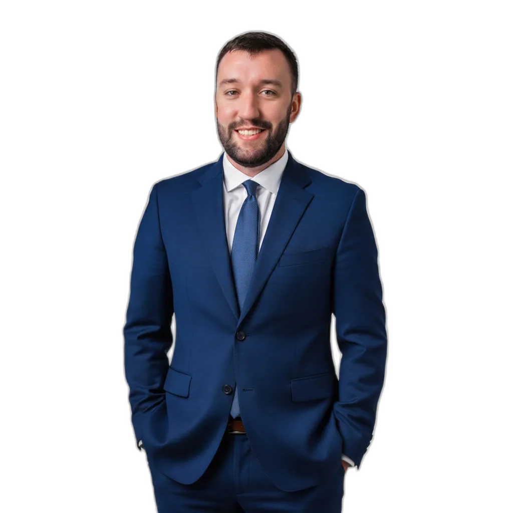 Man in a blue suit and tie stands against a plain white background, smiling with hands in pockets.