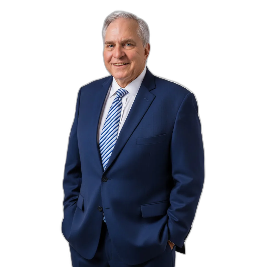Older man with gray hair wearing a blue suit, white shirt, and striped tie, standing with hands in pockets against a plain white background.