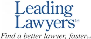 Blue text logo reads "Leading Lawyers." Below in black italics: "Find a better lawyer, faster." White background.