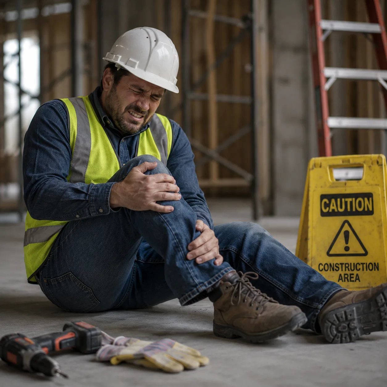 A construction worker in a hard hat and safety vest sits on the ground, clutching his knee in pain next to tools and a "Caution Construction Area" sign.