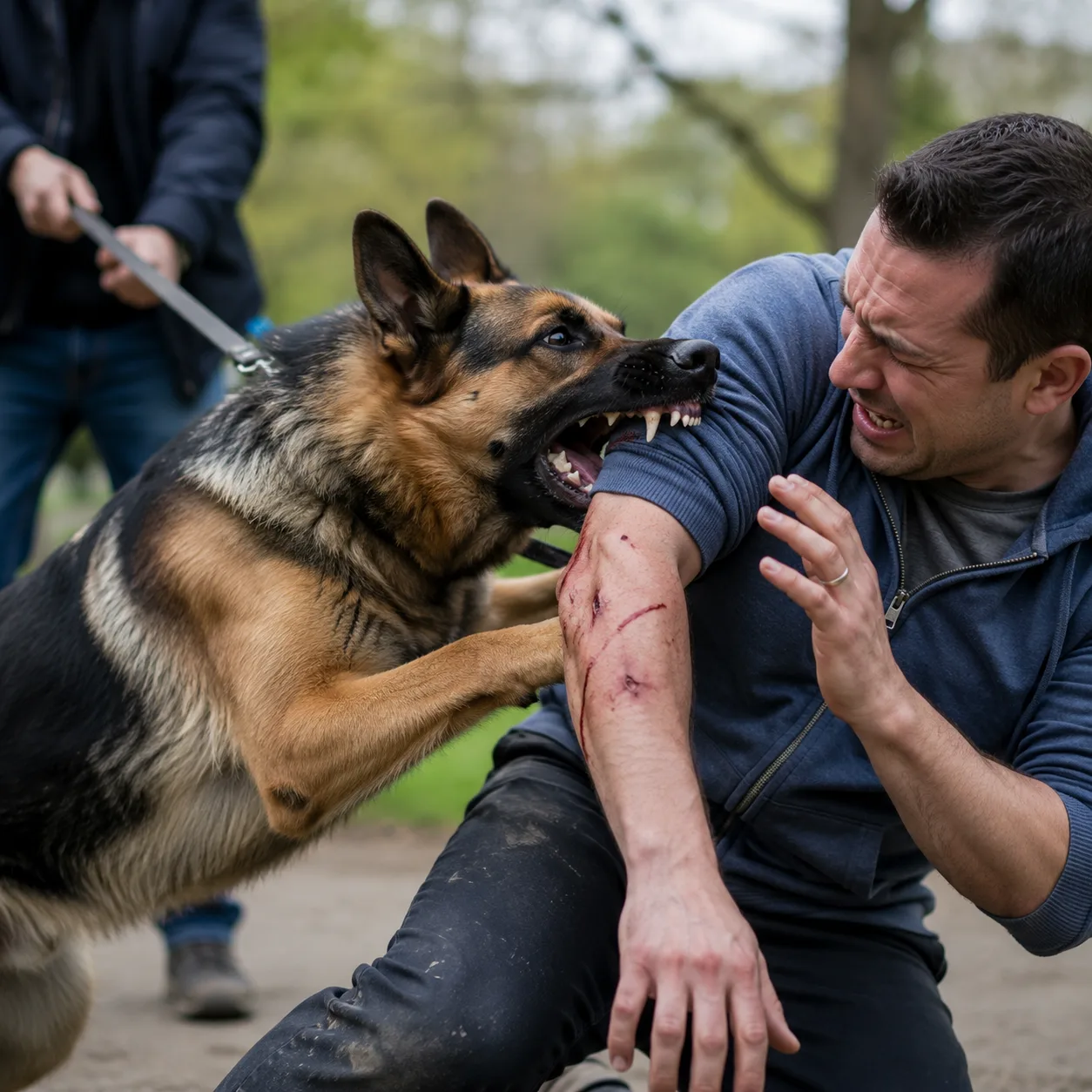 A German shepherd on a leash bites a man's arm outdoors, leaving visible scratches; the man appears to be in pain and pulls away.