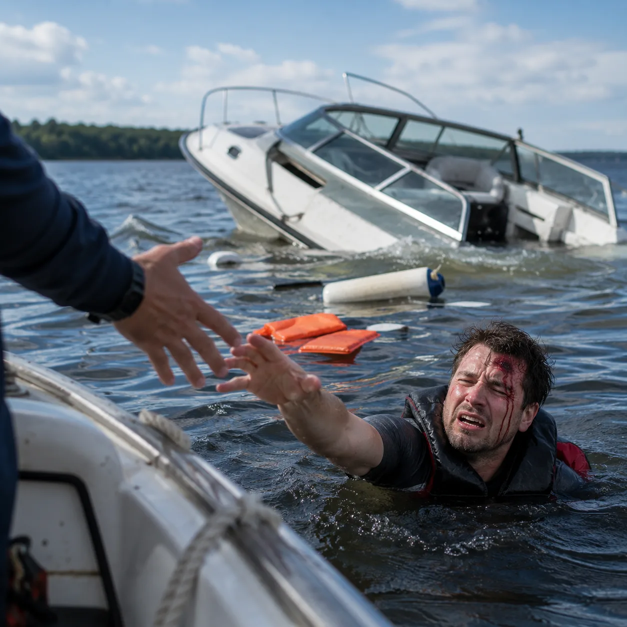 A man in the water reaches for help from a boat after a crash, with a damaged motorboat sinking behind him and life jackets floating nearby.