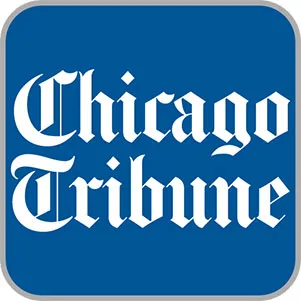 Chicago Tribune logo in white Gothic font on a blue square background with rounded corners and a gray border.