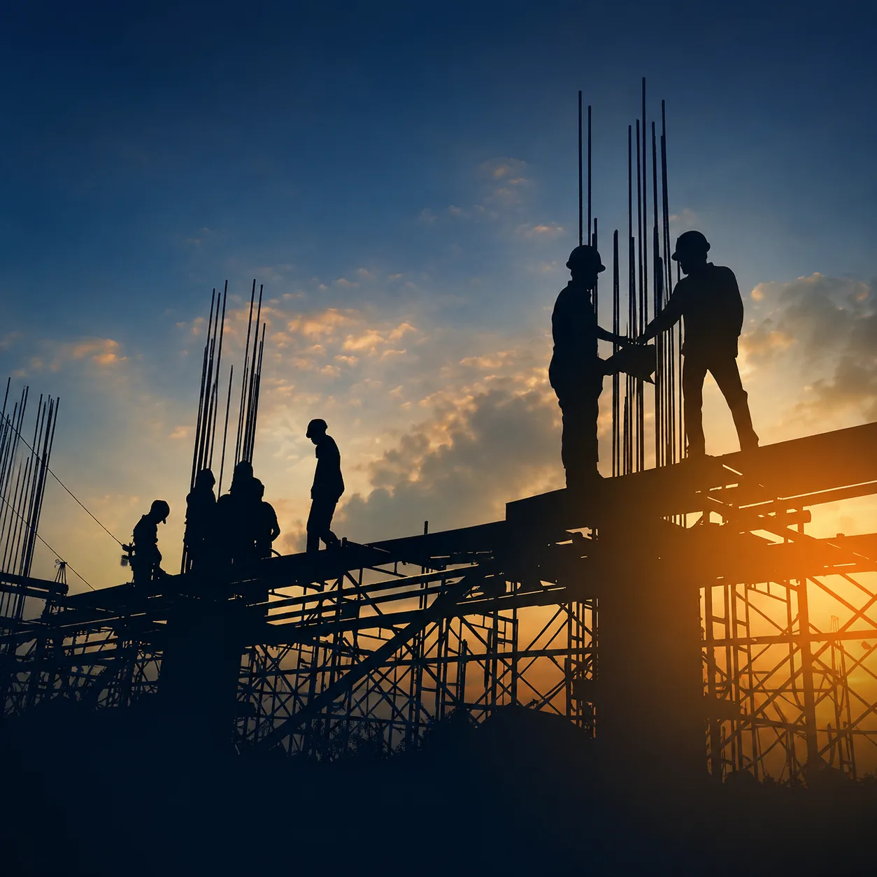 Silhouetted construction workers stand on scaffolding at a building site during sunset, with rods and beams visible against the evening sky.