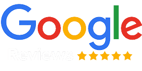 Google Reviews logo with "Google" in multicolored letters, "Reviews" in white text, and five yellow stars indicating a five-star rating.