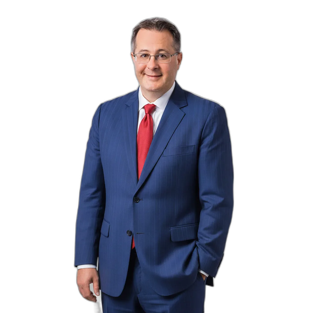 A man wearing a blue suit, white shirt, and red tie stands against a plain white background, looking at the camera with a neutral expression.