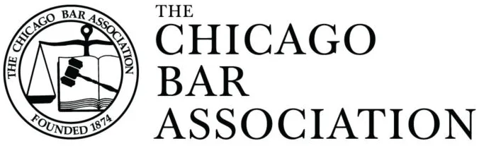 Logo of The Chicago Bar Association featuring a circular seal with a scale, gavel, and open book, alongside the association's name in large capital letters.