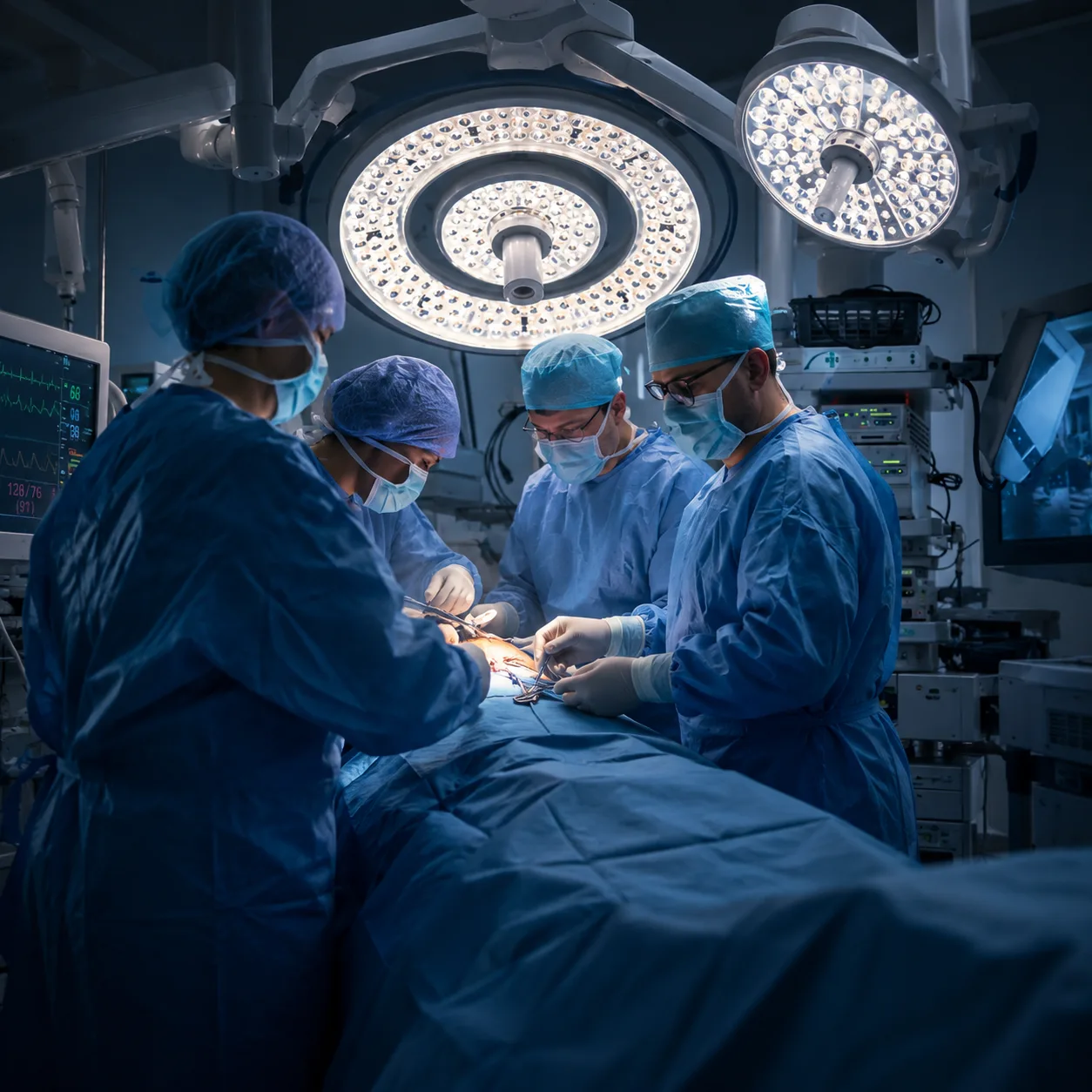 Four surgeons in blue scrubs and masks perform an operation under bright surgical lights in a modern operating room with medical equipment and monitors.