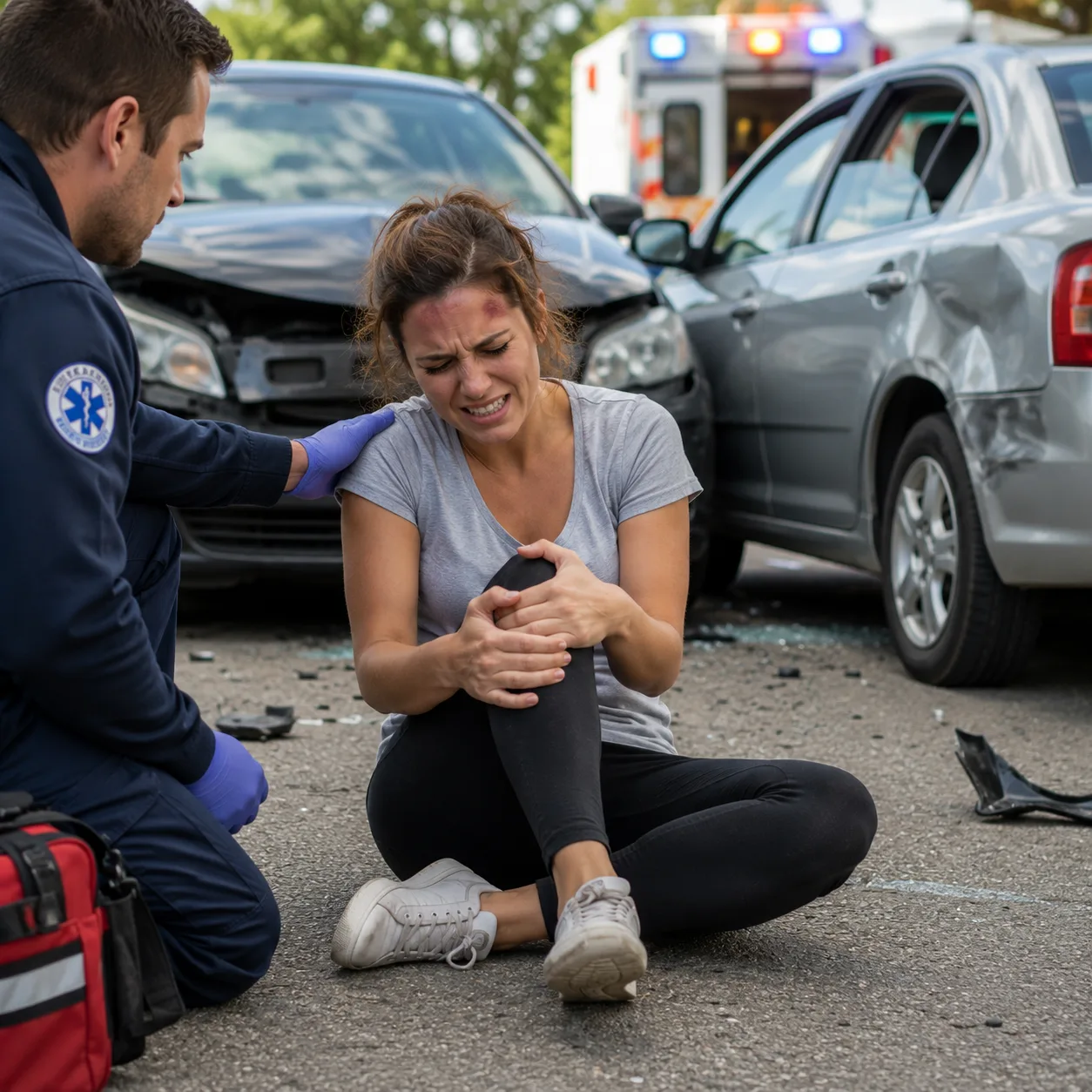 A woman sits on the ground holding her injured leg after a car accident, while a paramedic assists her. Two damaged cars and an ambulance are visible in the background.