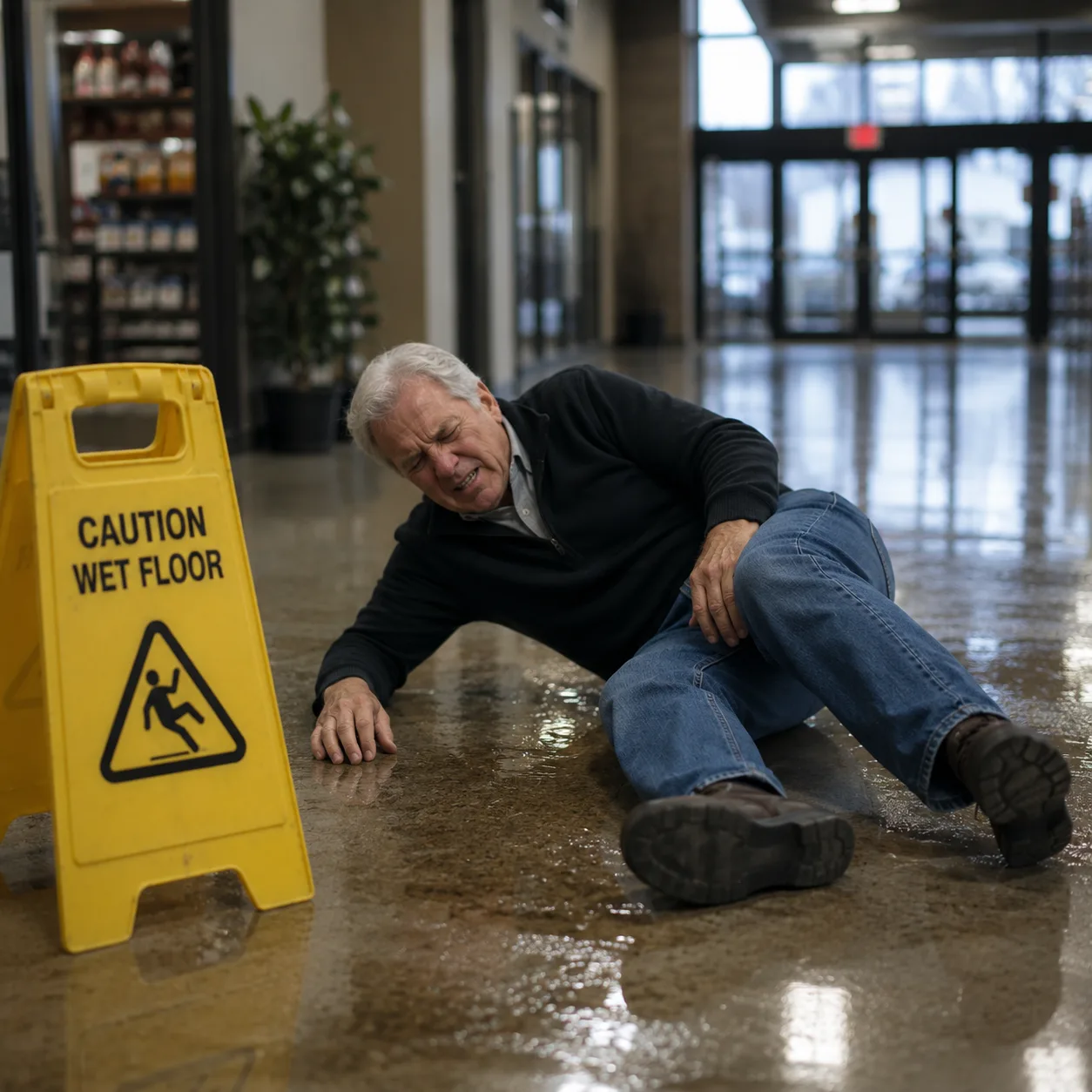An older man lies on the wet floor in a hallway near a "Caution Wet Floor" sign, appearing to be in pain after a fall.