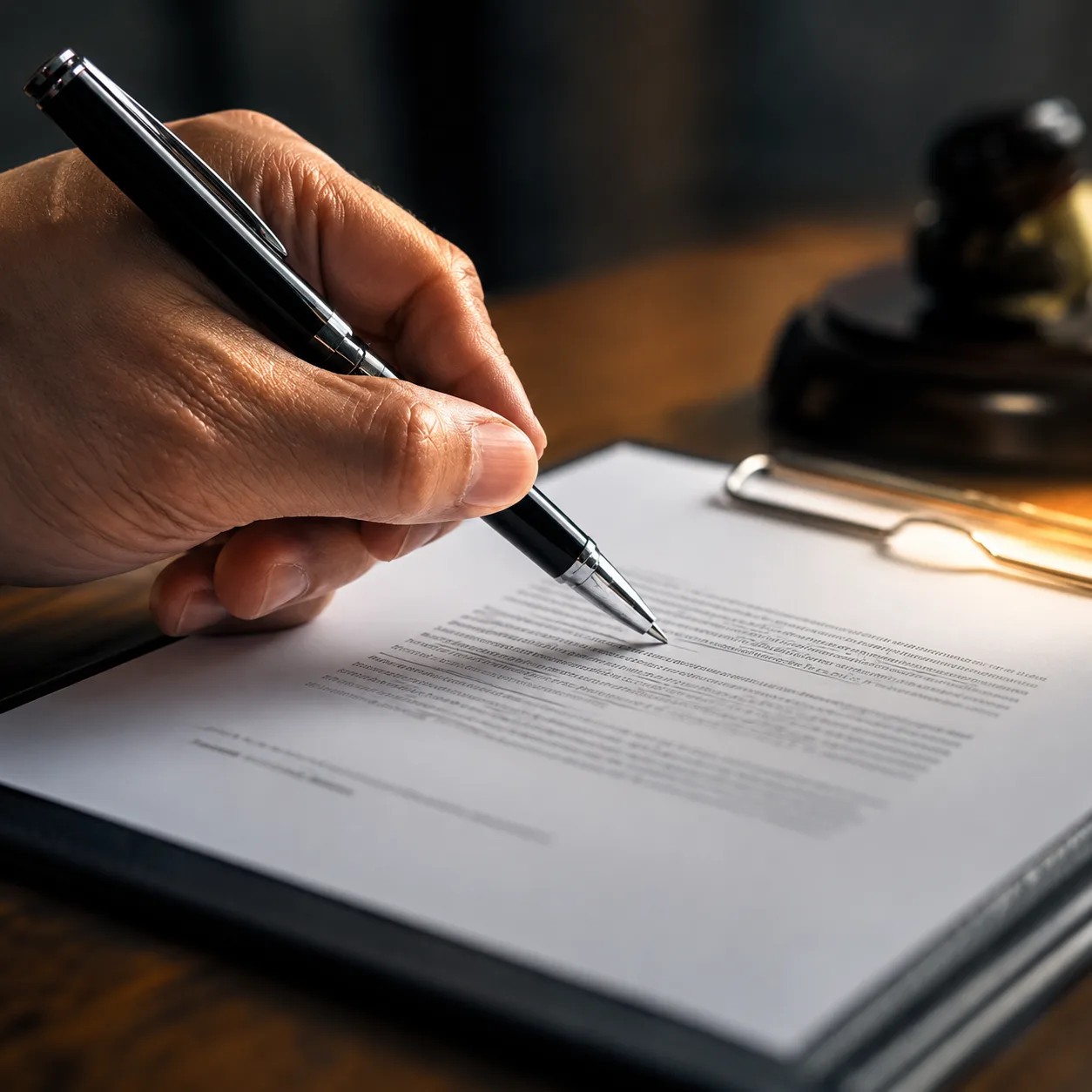 A person signs a document with a pen on a clipboard; a wooden gavel and paperclip are on the desk nearby.