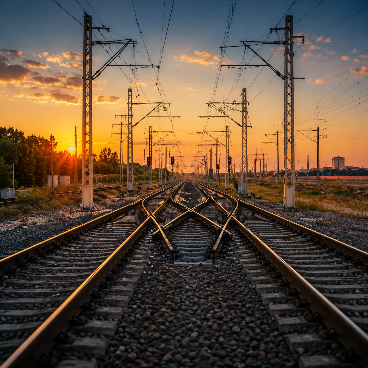 Railway tracks converging and diverging under overhead wires at sunset, with poles and signals visible, and an orange sky in the background.