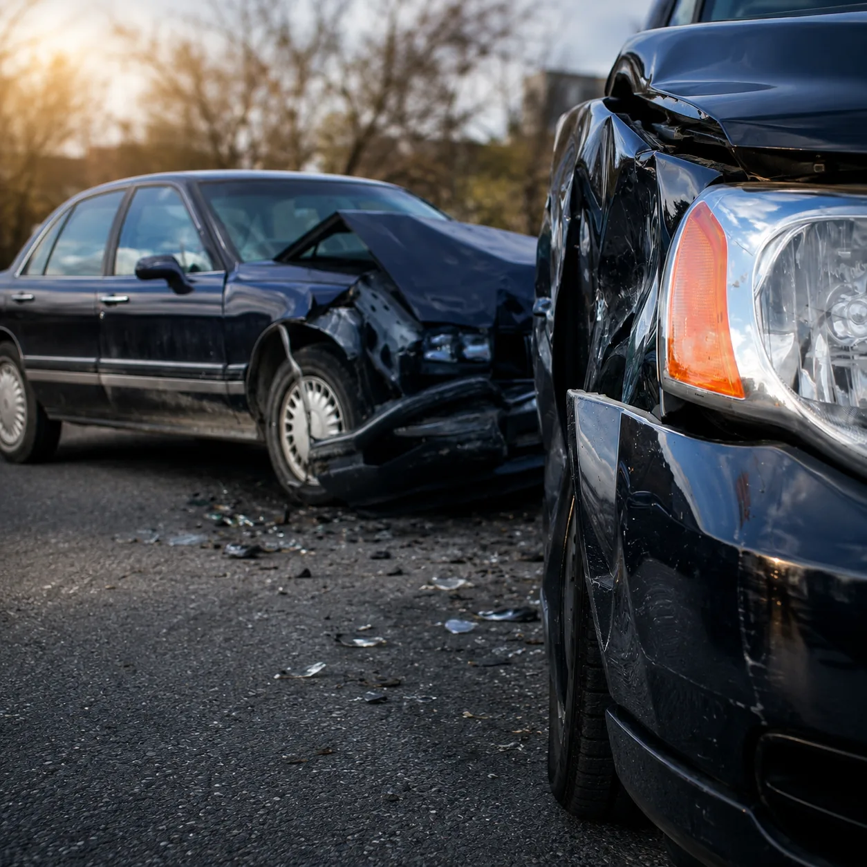Two black cars with significant front-end damage after a collision on a road, with debris scattered on the pavement.