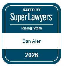 Blue Super Lawyers badge for "Rising Stars" with the name Dan Aler and the year 2026 displayed in white text.