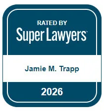 Blue badge stating "Rated by Super Lawyers, Jamie M. Trapp, 2026" in white text with a white stripe across the middle.