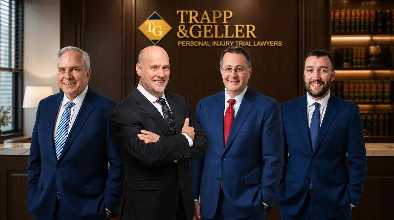Four men in suits stand in an office with a sign reading "Trapp & Geller Personal Injury Trial Lawyers" on the wood-paneled wall behind them.