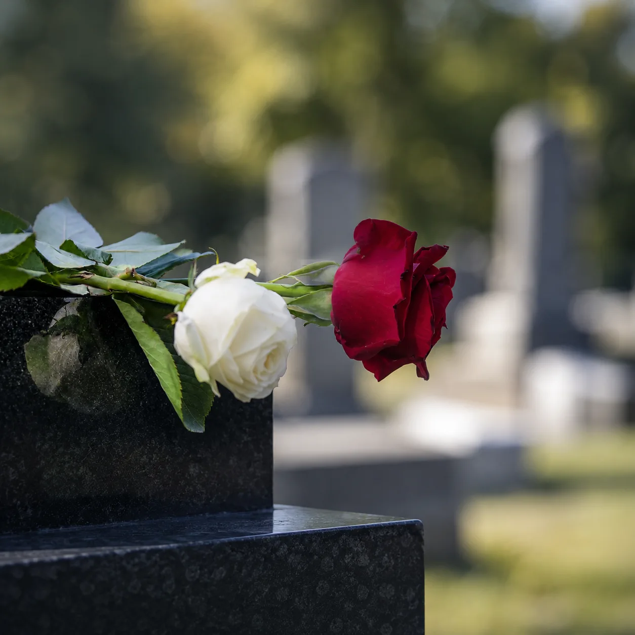 A red rose and a white rose rest on a black gravestone in a cemetery with blurred tombstones in the background.
