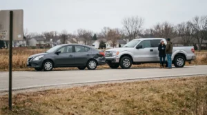 two drivers standing beside sedan and pickup truck after rear-end collision on county road