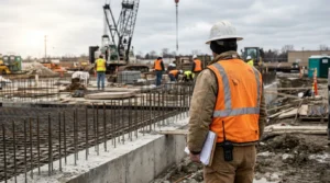 construction site supervisor in hard hat and safety vest holding documents and radio