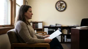 woman seated in legal office holding document with Illinois State Seal on wall