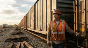 railroad worker in safety vest and hard hat standing beside freight train cars