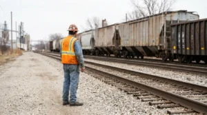 railroad worker in safety vest and hard hat standing beside freight train tracks