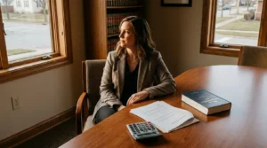 female attorney seated at office desk with Illinois Compensation Act book and legal documents
