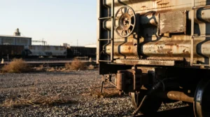 weathered freight train car with rusted metal panels at railroad yard