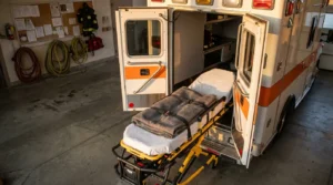 ambulance with rear doors open and gurney extended in emergency garage