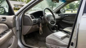 Toyota sedan interior with keys in ignition and document on passenger seat