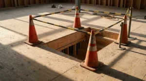 traffic cones and caution tape surrounding open floor hole at construction site