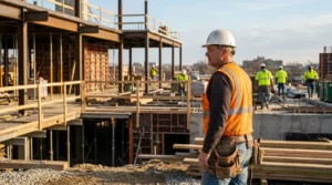 construction worker in hard hat and safety vest surveying active building site