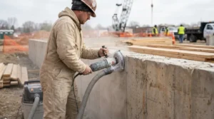 construction worker in hard hat grinding concrete wall with power tool on job site