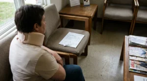 person wearing neck brace seated in waiting room beside Medical Statement documents