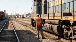 railroad worker in safety vest and hard hat inspecting locomotive at rail yard