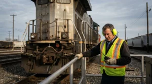 railroad worker in safety vest and ear protection holding radio near locomotive