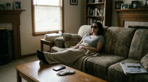 woman wearing sunglasses resting on couch with blanket in home living room