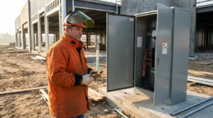 electrician wearing hard hat and gloves holding meter near open electrical panel at construction site