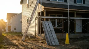 extension ladder and scaffolding against house under construction with safety cone