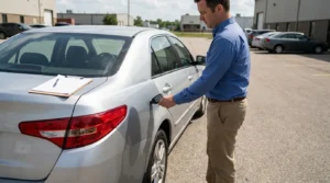 Inspector using paint thickness gauge on sedan door during vehicle damage assessment