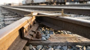 measuring gauge tool placed across railroad track joint with bolts visible