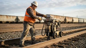 railroad worker in hard hat and safety vest operating track maintenance equipment