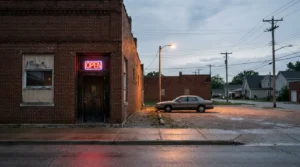 neon OPEN sign on brick building exterior with parked sedan at dusk