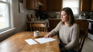 woman seated at kitchen table with document, envelope, and coffee mug