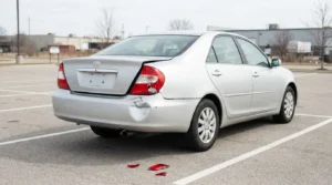 sedan with dented rear bumper and cracked taillight debris in parking lot